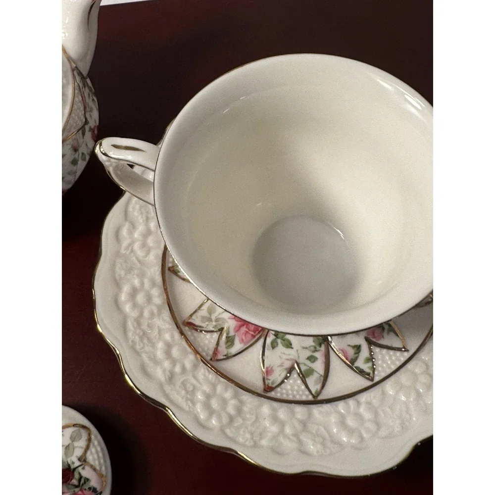 4 piece Grace teaware tea for one Rose Floral Teapot Cup Saucer & cookie‎ tray